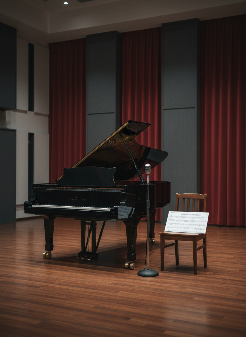 A sleek, professional stage environment represented through objects only: a polished black grand piano with its lid slightly open, a classic silver microphone on a stand, and a stack of neatly printed sheet music resting on a wooden chair. They sit on a smooth, dark rehearsal-room floor, with a softly lit backdrop of acoustic panels and muted theater curtains. Gentle, diffused studio lighting from above creates subtle highlights on the piano’s lacquer and soft shadows on the floor, evoking focus and ambition. Photographic realism, eye-level composition with a shallow depth of field keeps the instruments sharply detailed while the background falls into a gentle blur, conveying a calm yet driven atmosphere suitable for a professional actor and musical artist portfolio homepage hero image.