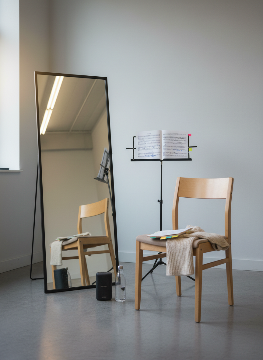 An intimate rehearsal studio corner without people: a full-length freestanding mirror angled slightly toward a bare, light-gray wall, reflecting a simple wooden chair and a tall music stand holding sheet music flecked with blue annotations. On the chair rests a neatly folded neutral-toned scarf and a slim, worn script with multicolored tabs. A small portable speaker and a reusable water bottle sit on the floor, their reflections adding depth. Soft overhead fluorescent light is warmed by a side window’s natural glow, balancing practical and gentle illumination. Photographic realism, eye-level composition with moderate depth of field, creating a quiet, contemplative mood that evokes late-night line runs and vocal rehearsals, perfect for a portfolio section about craft, process, and ongoing training.