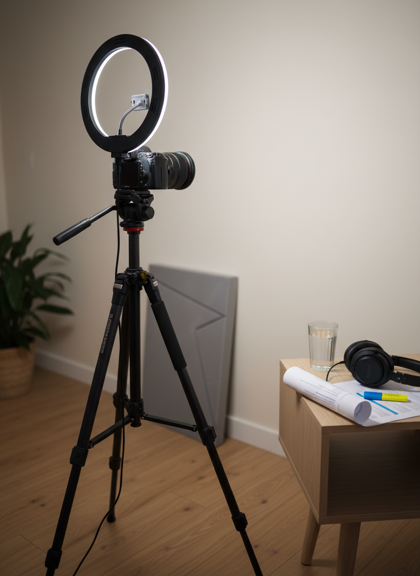 A self-tape setup portrayed through objects only: a sturdy tripod holding a high-end mirrorless camera, facing a blank, light-neutral wall in a small, tidy living-room corner. A ring light encircles the camera lens, casting an even, diffused glow across the wall, hinting at ideal audition lighting. On a nearby minimalist wooden side table sits a glass of water, a printed script highlighted in soft blue and yellow, and noise-cancelling headphones. The floor is light oak, and a discreet acoustic panel leans against the wall. Photographic realism, three-quarter angle composition with medium depth of field, capturing crisp details of the gear while the distant background softens. The mood is focused, intimate, and practical, reflecting a professional actor’s DIY self-tape environment.