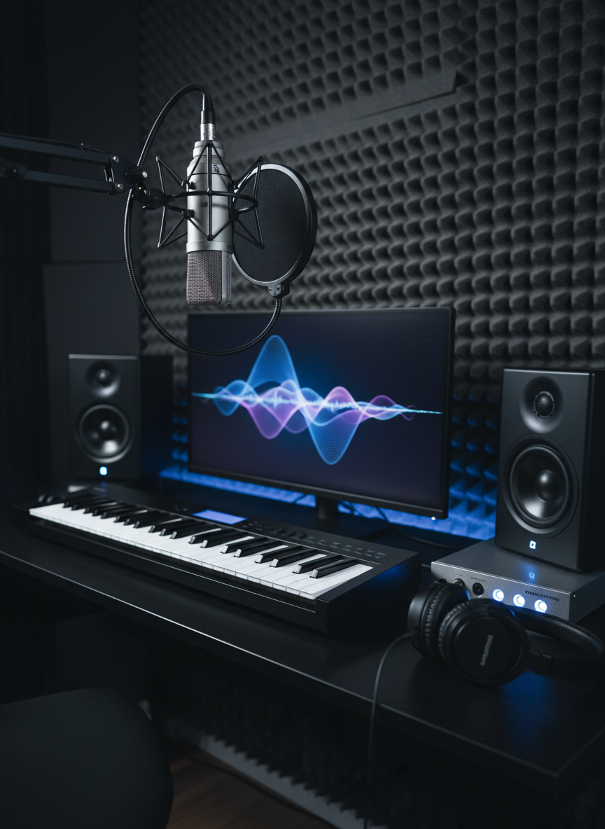 A modern recording setup symbolizing vocal and musical work: a high-quality studio condenser microphone suspended in a shock mount with a pop filter, positioned in front of a charcoal acoustic foam wall. Below, a compact MIDI keyboard rests on a sleek black desk, alongside studio headphones draped over the corner and a small audio interface with softly glowing blue LEDs that echo the idea of bright blue eyes. Two nearfield studio monitors flank a widescreen display showing an abstract waveform pattern. Dim, focused LED strip lighting lines the desk edge, creating a subtle blue accent. Photographic realism, three-quarter angle with shallow depth of field that emphasizes the microphone and keyboard, producing a focused, creative, and slightly cinematic atmosphere suited for an actor-musician’s recording and self-tape voice work section.