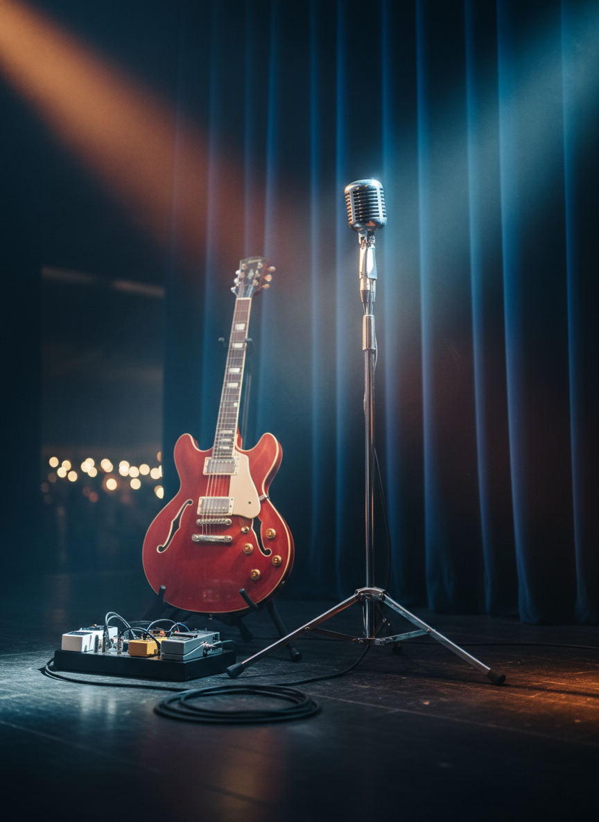 A musical performance vignette depicted without performers: a gleaming vintage-style stage microphone on a chrome stand positioned center stage, with an elegant, semi-hollow electric guitar resting on a stand nearby. Behind them, a softly lit backdrop of deep navy theater curtains and a subtle haze from a fog machine catches beams of warm amber and cool blue stage lights. Coiled instrument cables and a compact pedalboard lie neatly on the dark wooden stage floor, adding texture and realism. Photographic realism, low-angle composition slightly off-center using the rule of thirds, with shallow depth of field that sharpens the instruments while turning the distant audience area into soft bokeh. The atmosphere feels expectant, dynamic, and musically charged, ideal for showcasing a musical artist’s performance side in a portfolio.