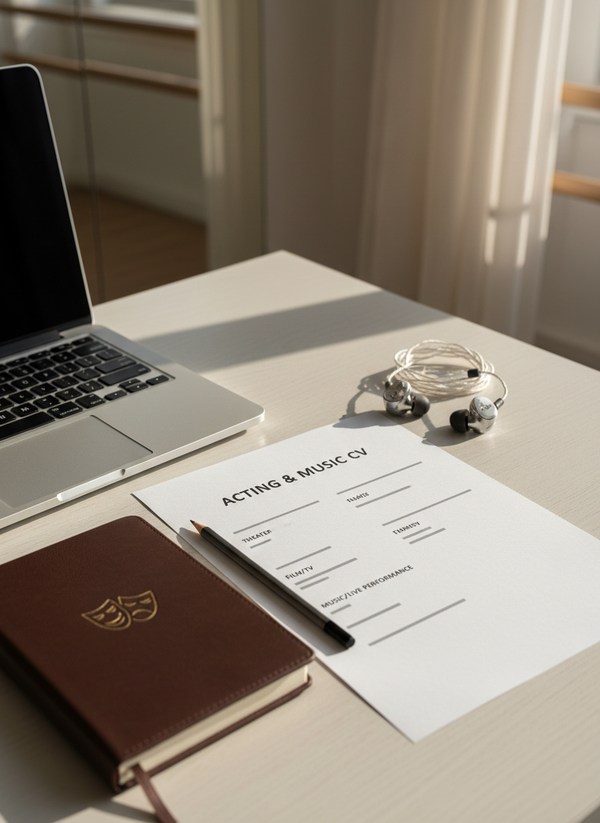 A sophisticated CV and training display translated into objects: a clean white desk with a neatly arranged printed acting CV on premium matte paper, featuring bold section headings and a list of acting and music credits represented as subtle horizontal lines. Beside it lies a leather-bound notebook embossed with a small theater mask icon, a sharpened graphite pencil, and a pair of in-ear stage monitors hinting at musical training. A closed laptop sits to the side with a faint reflection of a rehearsal studio in its screen. Soft morning window light streams in from the right, casting gentle, elongated shadows and a calm, focused tone. Photographic realism, slightly elevated angle with sharp focus throughout, giving a crisp, organized impression that conveys professionalism and dedication to craft.