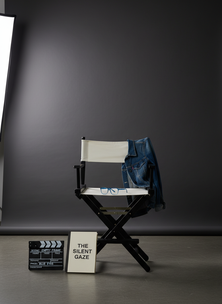 A refined headshot concept without a person: a high-quality, dark gray fabric backdrop with a carefully placed, empty director’s chair in the foreground. Draped over the chair is a neatly folded denim jacket, and resting on the seat is a pair of modern, translucent blue eyeglasses that subtly echo the idea of bright blue eyes. A slate clapperboard and a neatly stacked script lie on the floor beside the chair. Soft, flattering studio lighting from a large softbox to the left creates a smooth gradient across the backdrop and gentle shadows under the objects. Photographic realism, centered composition at eye level with a shallow depth of field, producing a calm, professional, casting-friendly mood reminiscent of a studio headshot setup.