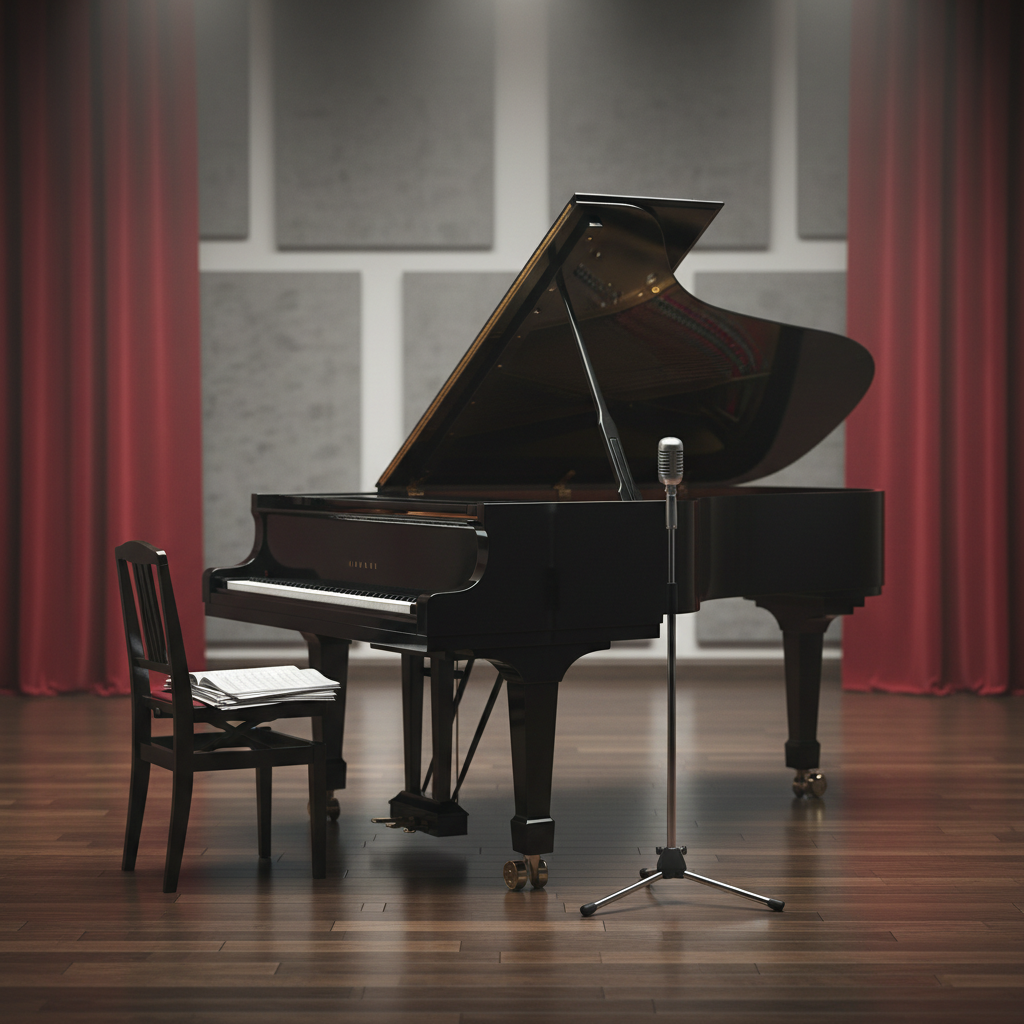 A sleek, professional stage environment represented through objects only: a polished black grand piano with its lid slightly open, a classic silver microphone on a stand, and a stack of neatly printed sheet music resting on a wooden chair. They sit on a smooth, dark rehearsal-room floor, with a softly lit backdrop of acoustic panels and muted theater curtains. Gentle, diffused studio lighting from above creates subtle highlights on the piano’s lacquer and soft shadows on the floor, evoking focus and ambition. Photographic realism, eye-level composition with a shallow depth of field keeps the instruments sharply detailed while the background falls into a gentle blur, conveying a calm yet driven atmosphere suitable for a professional actor and musical artist portfolio homepage hero image.